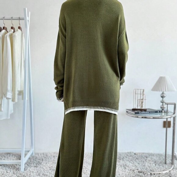 Green Casual Women's Contrast Trim Drop Shoulder Sweater & Knit Pants - Picture 2 of 6
